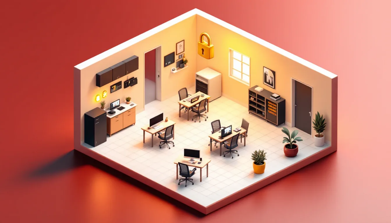 Isometric 3D illustration of a small office with a glass front door, a back door left ajar, and a golden padlock floating overhead